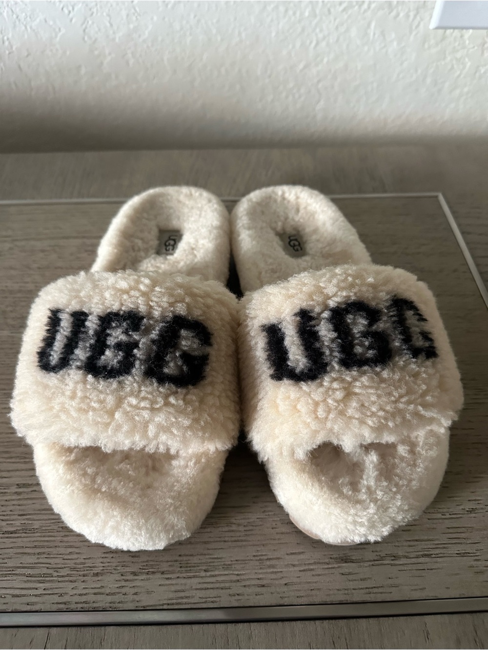 UGG Fluff Logo Slides in Cream with Black